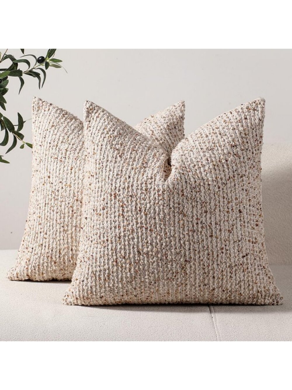 Chic Striped Euro Sham Pillow Covers Set of 2 | 26x26 Beige Boucle Boho Decor